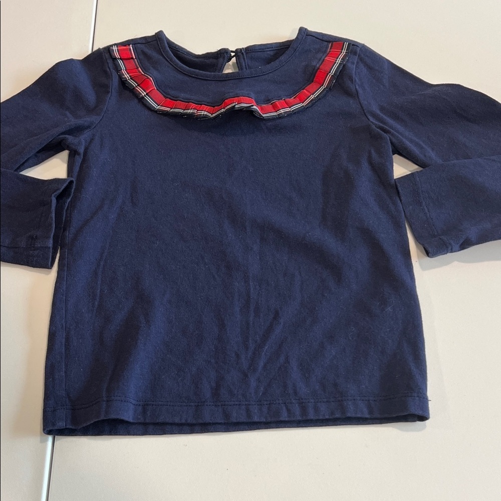 Janie and Jack - 3T, Navy Long Sleeve with Red Plaid Trim